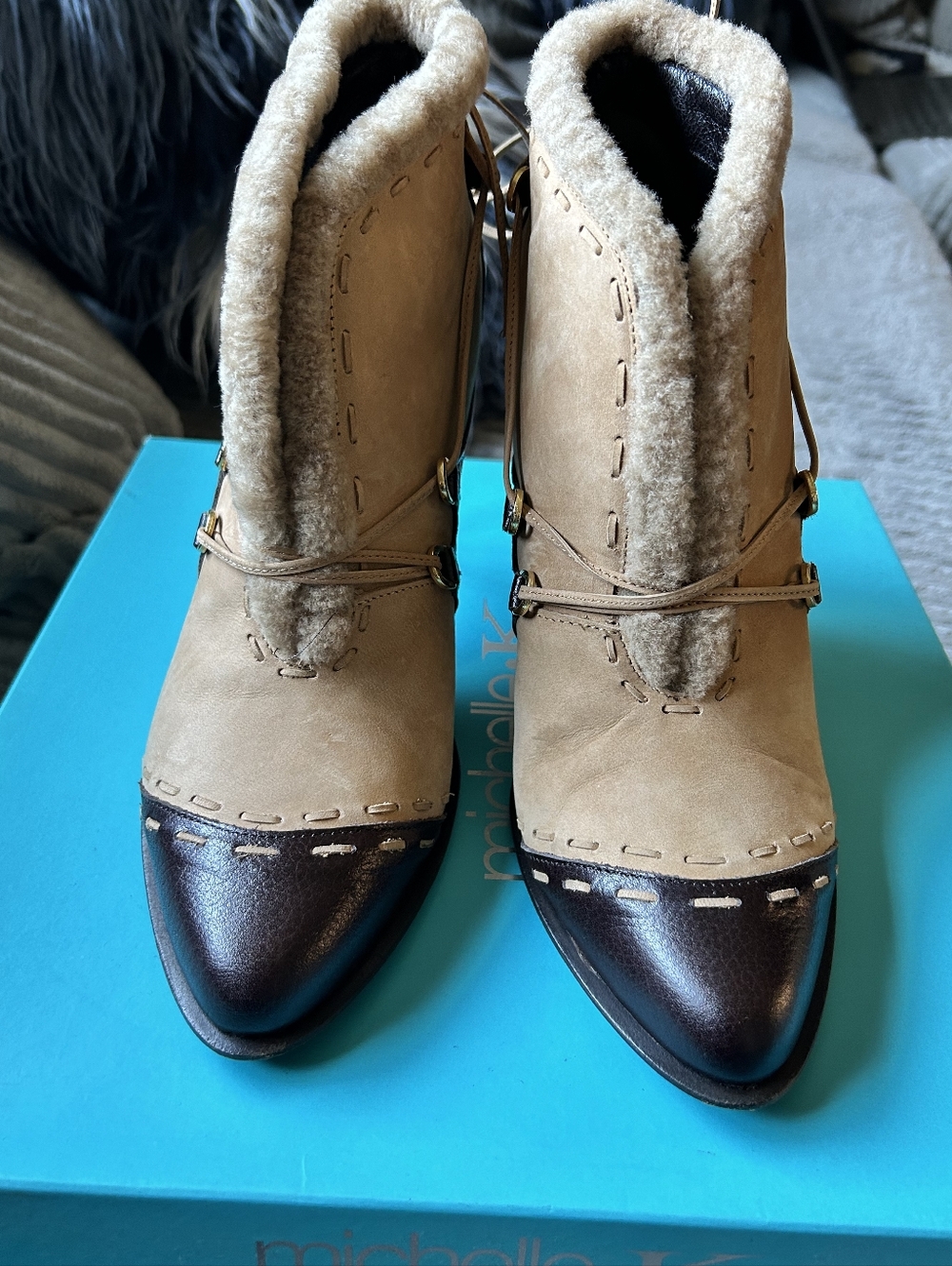 Michelle K Tan Suede Ankle Boots with Dark Brown Cap Toe